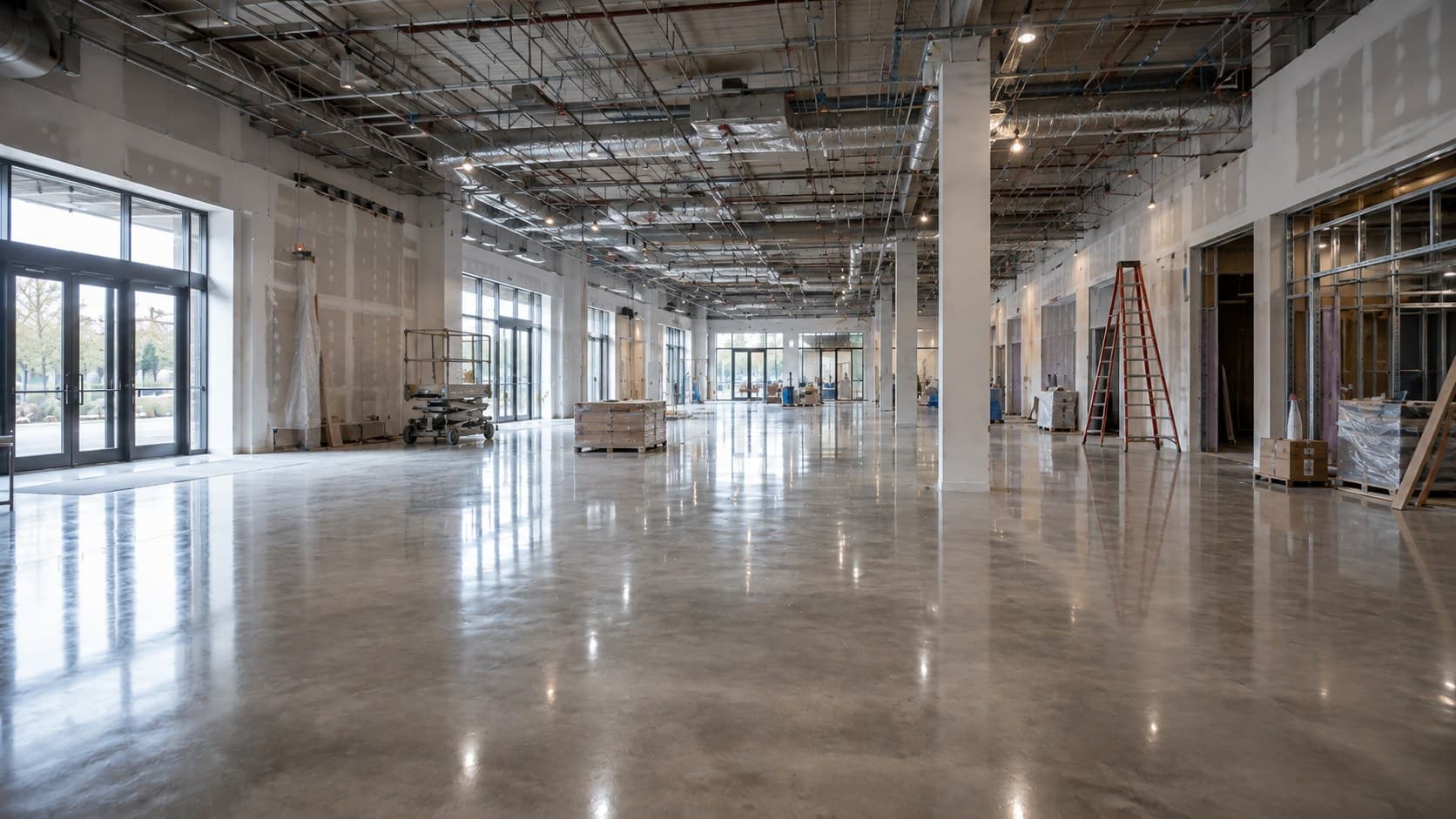 Polished concrete floor stretching through a large commercial interior still under construction.