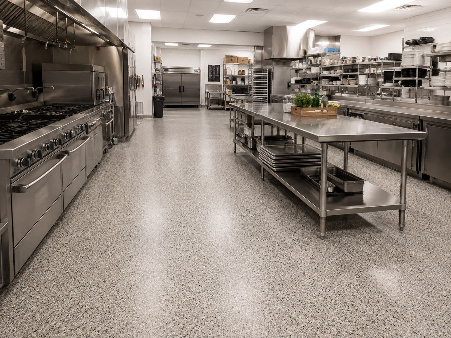 Speckled quartz-broadcast floor running between stainless steel ranges and prep benches in a commercial kitchen.