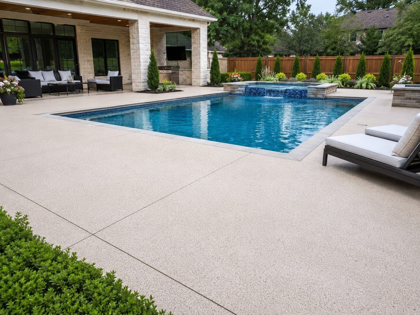 Textured light-toned concrete pool deck wrapping a rectangular pool behind a house.